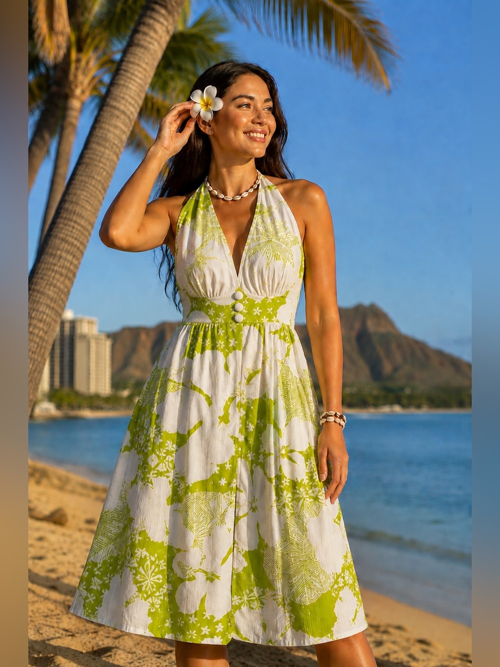 Liberty House Vintage Hawaiian Halter Dress in Green and White Floral